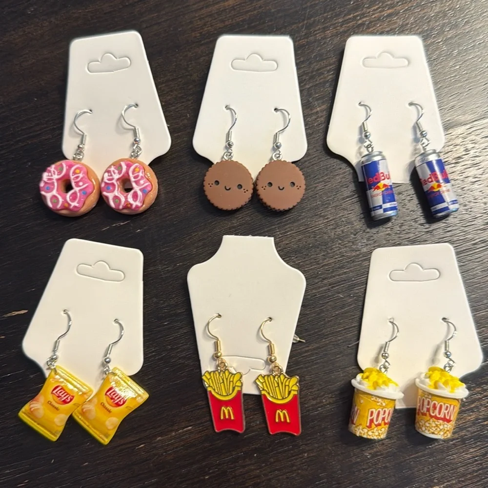 6 pairs women’s fashion earrings pink- snack attack food chips fries popcorn etc - Picture 1 of 1